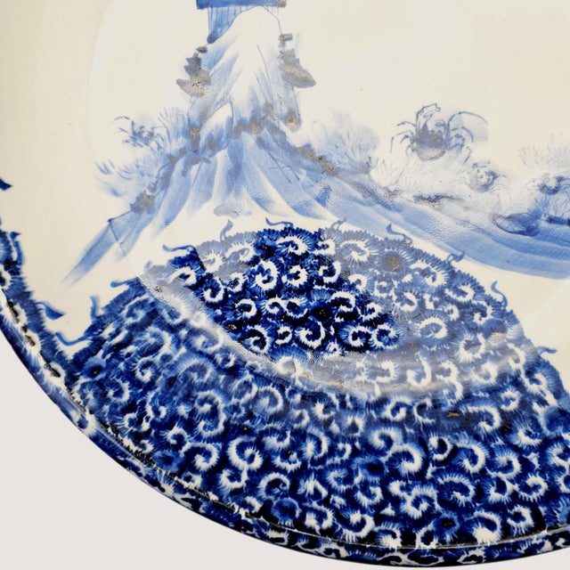 White Large Hand-Painted Blue and White Porcelain Charger Bowl, Chinese Export Style, 16" For Sale - Image 8 of 11