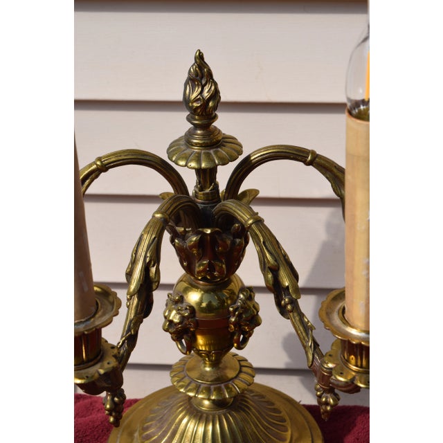 Pair of Early 20th Century Table Top 4 Lights Candelabra Victorian Style Lamps with Lion Heads in Brass For Sale In New York - Image 6 of 12
