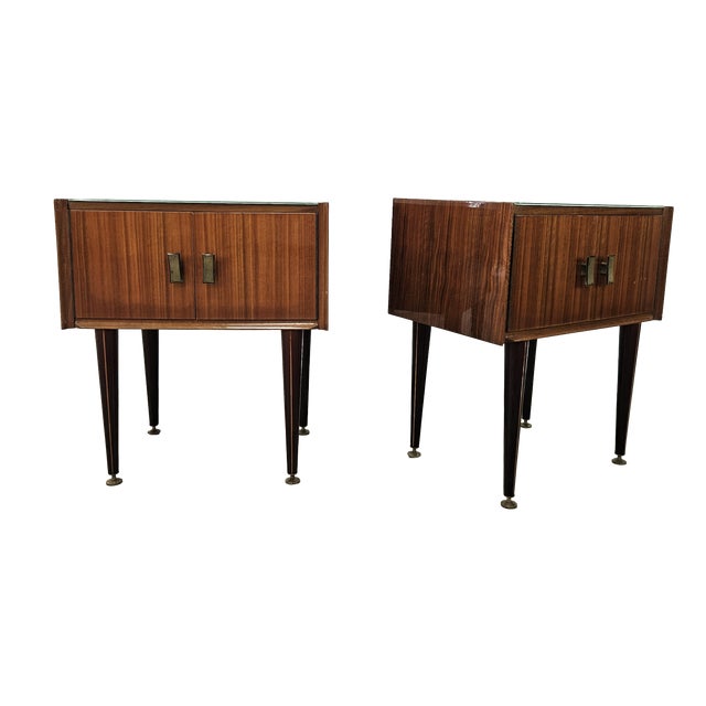Vintage Walnut Clad Nightstands with Glass Tops, 1960s, Set of 2 For Sale