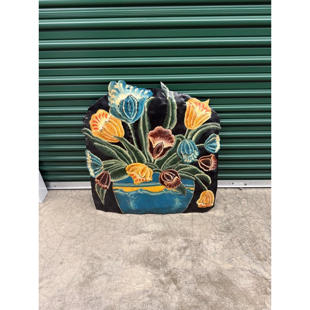 Folk Art Signed Vintage 1980s Hand-Painted Repoussé Metal Floral Fireplace Screen For Sale - Image 3 of 6