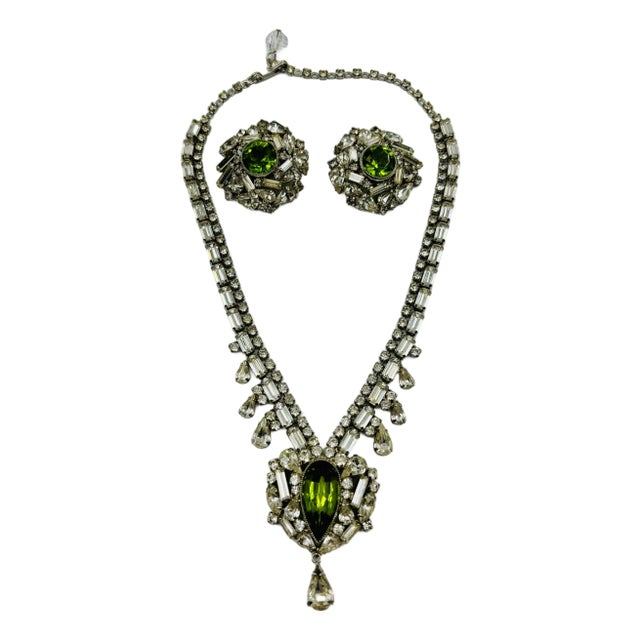 1940s Fantastic Peridot-Green Hobé Rhinestone Empire Necklace and Earrings Set For Sale