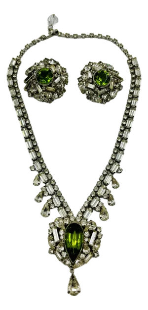 1940s Fantastic Peridot-Green Hobé Rhinestone Empire Necklace and Earrings Set