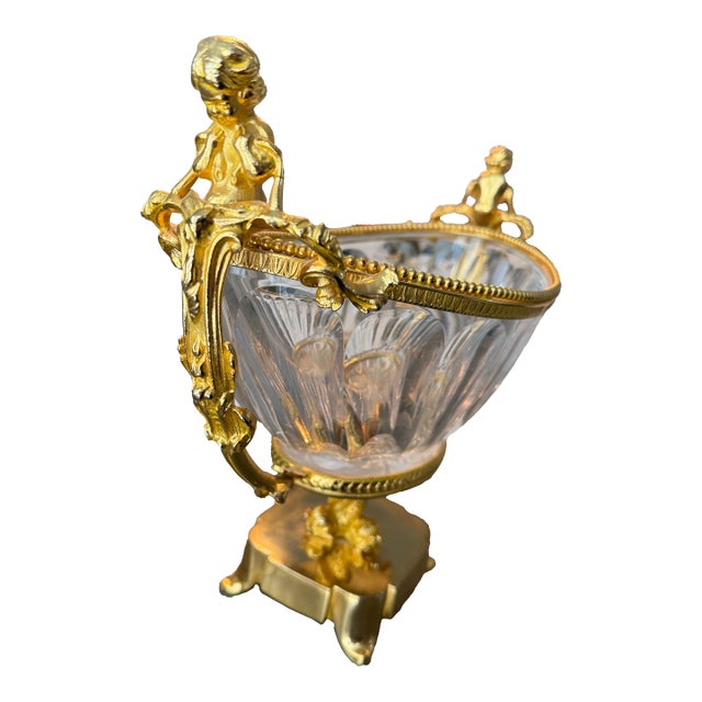 Signed “Martin Benito” French Empire-Style Gilt Bronze & Crystal Centerpiece Bowl – Cherub & Dolphin Motif For Sale