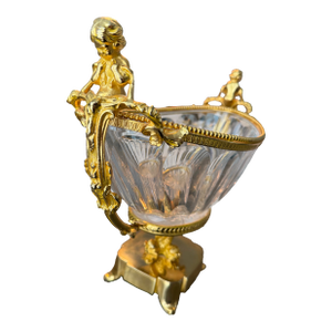 Signed “Martin Benito” French Empire-Style Gilt Bronze & Crystal Centerpiece Bowl – Cherub & Dolphin Motif