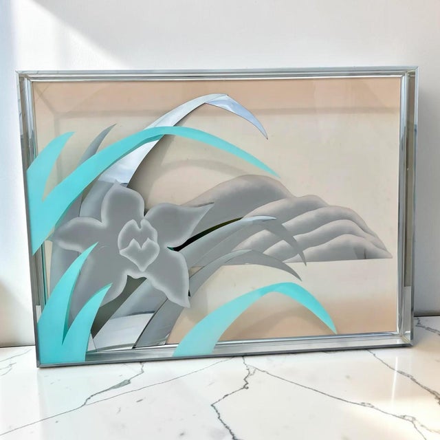 Vintage abstract art, lucite shadow box with floral and mountain scenery. Post modern art style, perfect for any vintage...