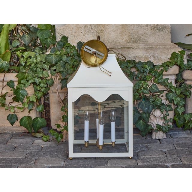 Mid 20th Century White Painted Metal Lantern with Glass Panels and Pagoda Top, USA Wired For Sale - Image 4 of 8