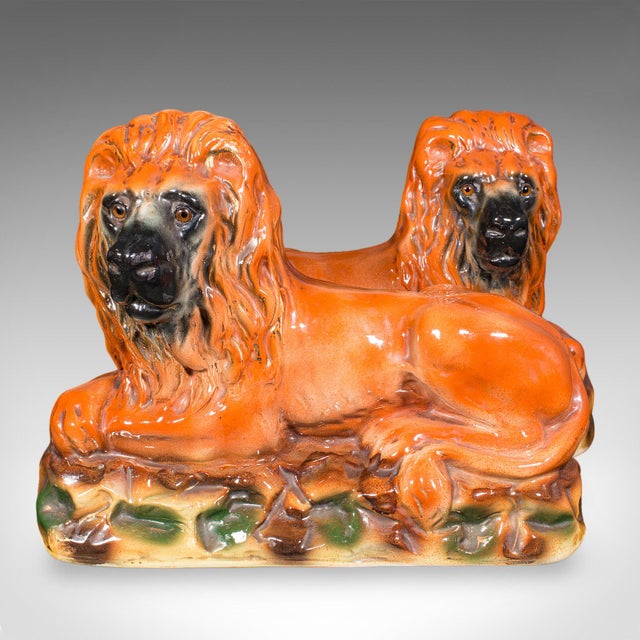Victorian Pair of Antique Recumbent Lions, English, Ceramic, Bookends, Victorian, c.1900 For Sale - Image 3 of 12