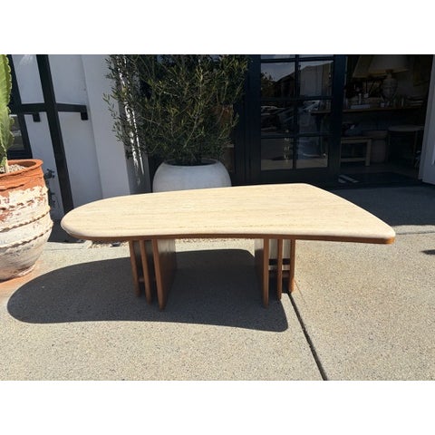 Stone Mid Century Travertine Top Coffee Table With Sculptural Teak Wood Base For Sale - Image 7 of 13