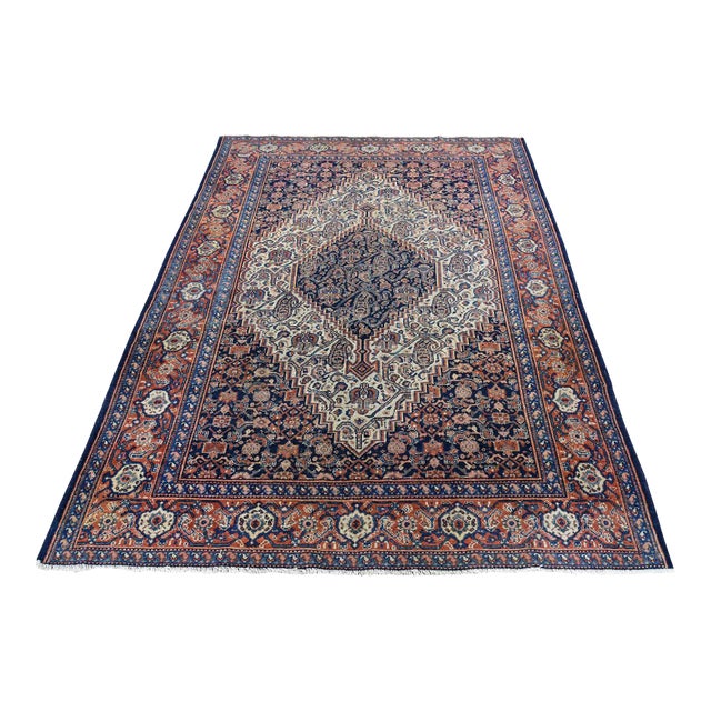 1910 Antique Persian Senneh Navy Blue Fish Design Rug For Sale