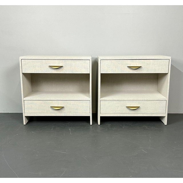 Modern Pair Custom Linen Wrapped Open Commodes, Chests, Nightstands, White, American For Sale - Image 3 of 18