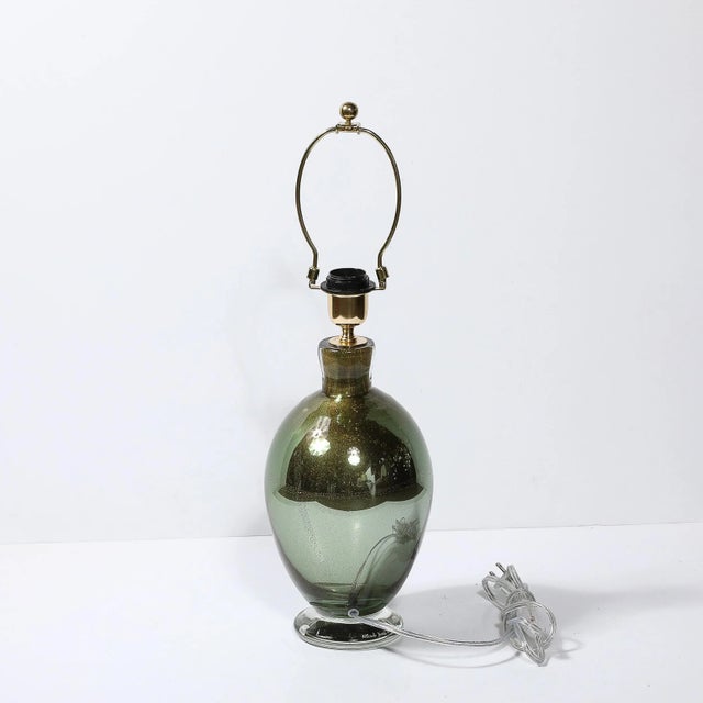 Dark Green Modernist Hand-Blown Murano Smoked Emerald Glass Table Lamps W/ 24k Gold Flecks For Sale - Image 8 of 12