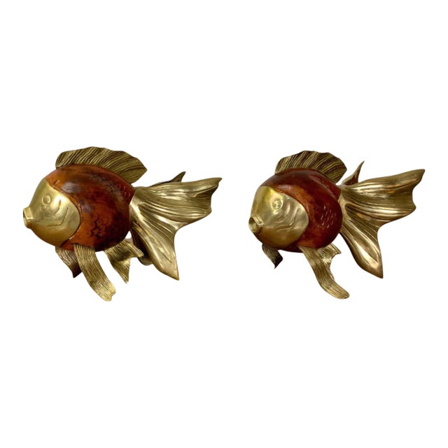 Wood and Brass Koi Fish Sculptures - a Pair For Sale