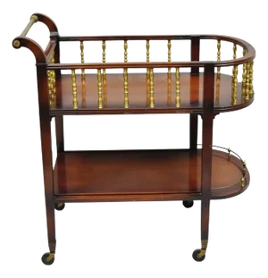 Vintage French Regency Mahogany 2 Tier Brass Gallery Rolling Bar Cart Server