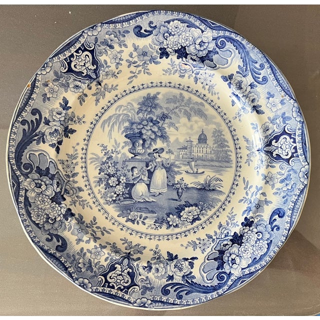 Ceramic Antique 19th Century English Regency Staffordshire Blue Transferware Dinner Plates - Italian Buildings by Ralph Hall Circa 1825 - Set of 5 For Sale - Image 7 of 17