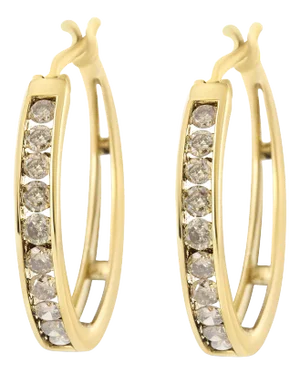 14K Yellow Gold Plated .925 Sterling Silver 1.0 Cttw Channel Set Champagne Diamond Hoop Earrings with Snap Post (K-L Color, I1-I2 Clarity) - 2 Pieces