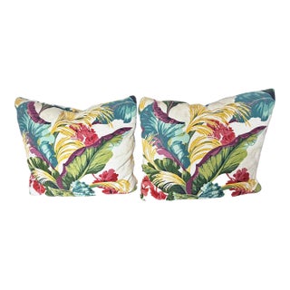 Pair Large Vintage Tropical Floral & Leaf Barkcloth Pillows For Sale