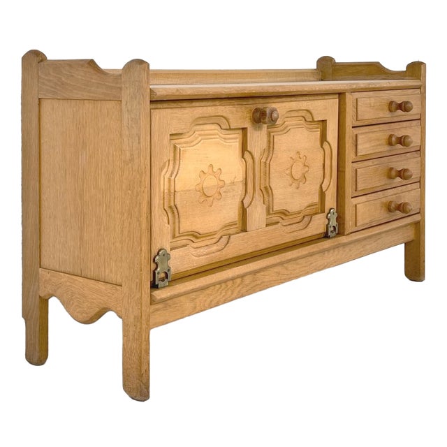 Oak Sideboard with Bronze and Leather Finishes by Guillerme et Chambron for Votre Maison, 1950s For Sale