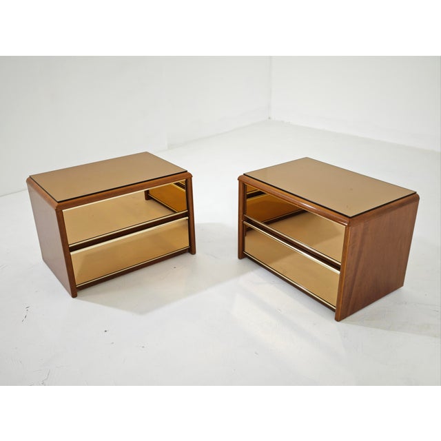 Vintage Bedside Tables in Wood and Bronzed Mirrored Glass, 1970s, Set of 2 For Sale - Image 10 of 18