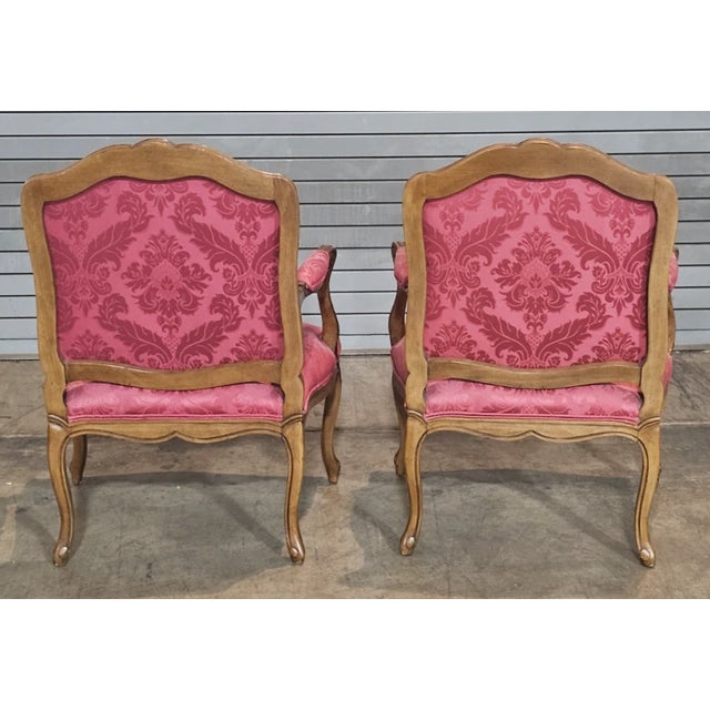 Pair of Late 20th Century Provincial French Country Walnut Carved Arm Chairs Rose Silk Damask Fabric For Sale - Image 9 of 13