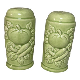 Vintage Green Japan Ceramic Vegetable Salt & Pepper Shakers Set- a Pair For Sale