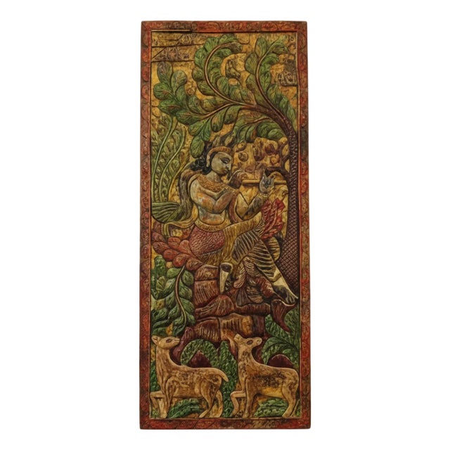 Fluting Krishna With Deer – Vintage Carved Wood Wall Art From Colorful Indian Door 83x36 For Sale