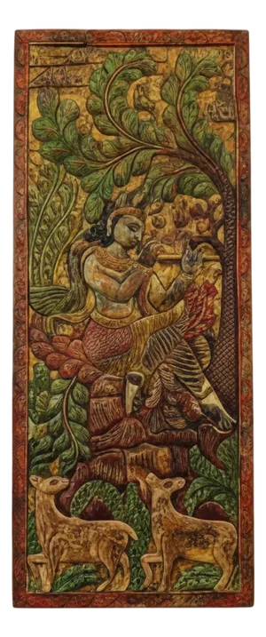 Fluting Krishna With Deer – Vintage Carved Wood Wall Art From Colorful Indian Door 83x36
