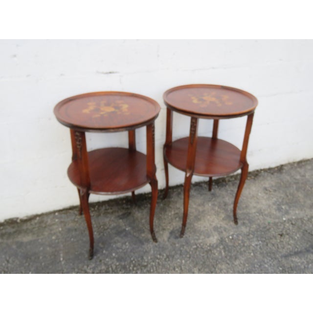 Late 1800s French Two Tiers Inlay Side End Tables a Pair 6105 For Sale - Image 4 of 18