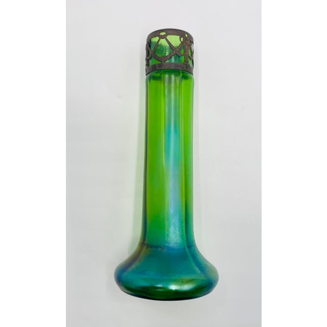 Early 20th Century Iridescent Green Glass Vase With Decorative Metal Insert For Sale In Los Angeles - Image 6 of 17