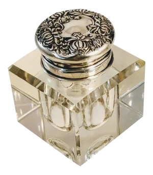 Lead Crystal Sterling Silver Inkwell With Repousee Lid