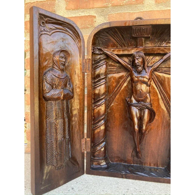 French Antique Hand Carved Walnut Wood Religious Triptych or Carved Wall Sculpture Panel, 1890s For Sale - Image 4 of 18