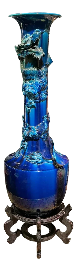 very large Japanese Blue Flambe Glazed Ceramic Dragon Vase