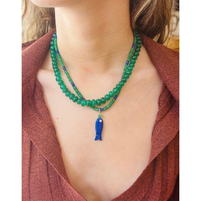 Perfect Poisson Pendant Jen Proudman jewelry Lapis, Emerald, Diamond & 14k Gold Hand carved Lapis fish with 2mm round...