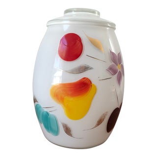 Vintage Bartlett Collins Hand Painted Fruit and Flowers Milk White Glass Cookie Jar For Sale
