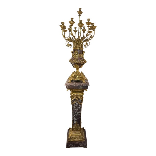 21st Century French Style Marble Pedestal and Candelabra With Brass Accents - 2 Pieces For Sale