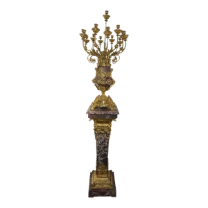 21st Century French Style Marble Pedestal and Candelabra With Brass Accents - 2 Pieces