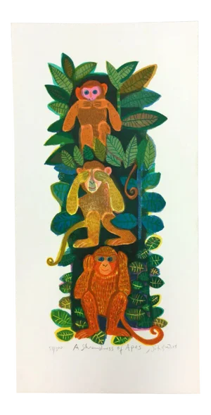 Mid Century Modern Unframed Shrewdness of Apes Judith Bledsoe Signed Lithograph