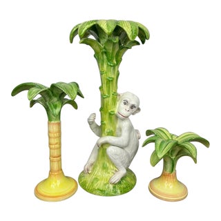 Vintage Hollywood Regency Style Italian Monkey and Palm Tree Candle Holders by Vietri - Set of 3 For Sale