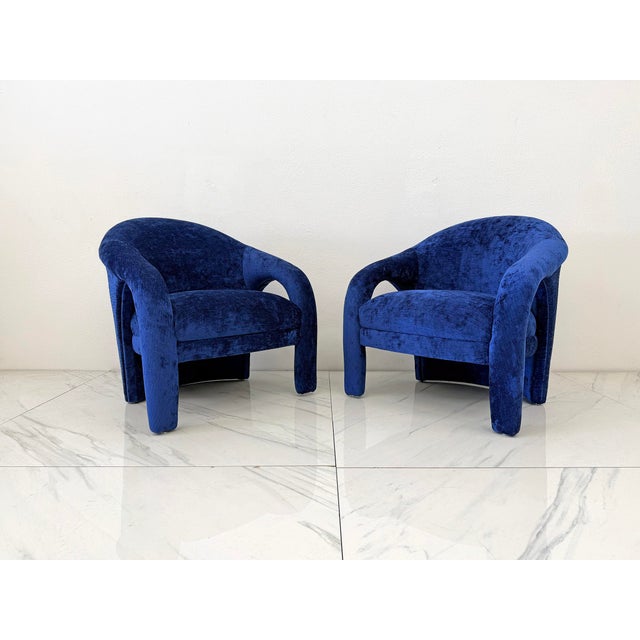 Blue "Elephant Chairs" by Weiman, Style of Vladimir Kagan in Blue Velvet, 1990's For Sale - Image 8 of 9
