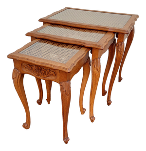 Louis XV Style Carved Wood Nesting Tables with Cane Tops, France, 1950s, Set of 3