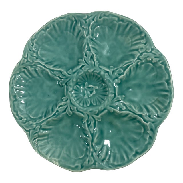 1940s French Gien Turquoise Majolica Oyster Plate For Sale
