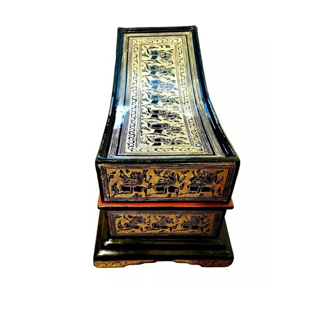Wood Antique Hand Made Highly Decorated Burmese Gilded Wood Lacquerware Pillow Box For Sale - Image 7 of 10