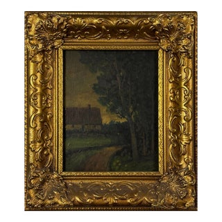 Antique Expressionist Tree-Lined Landscape With House at Dusk, Framed (Oil on Board) For Sale