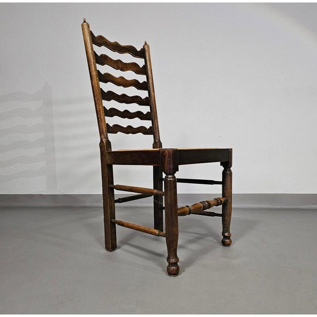 Brown Rustic Oak Farmhouse Ladderback Dining Chairs with Rush Seats, 1960s, Set of 4 For Sale - Image 8 of 18