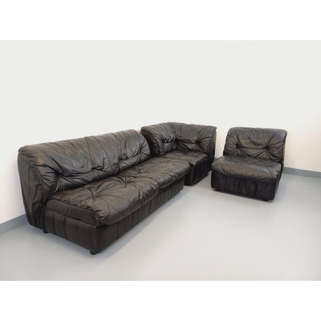 Vintage Corner Sofa in Black Leather with Integrated Bed, 1970s, Set of 3 For Sale - Image 11 of 18