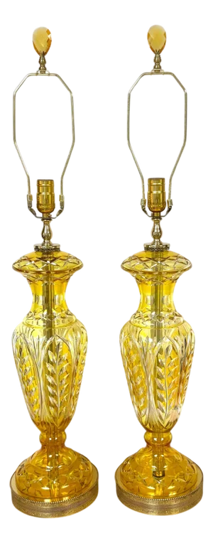 Pair Bohemian Citrine Cut Clear Crystal & Brass Lamps & Finials, Style of Moser