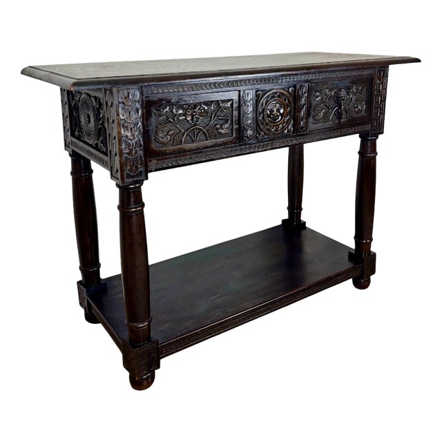 Spanish Carved Oak Console Table with Drawers, 1880 For Sale