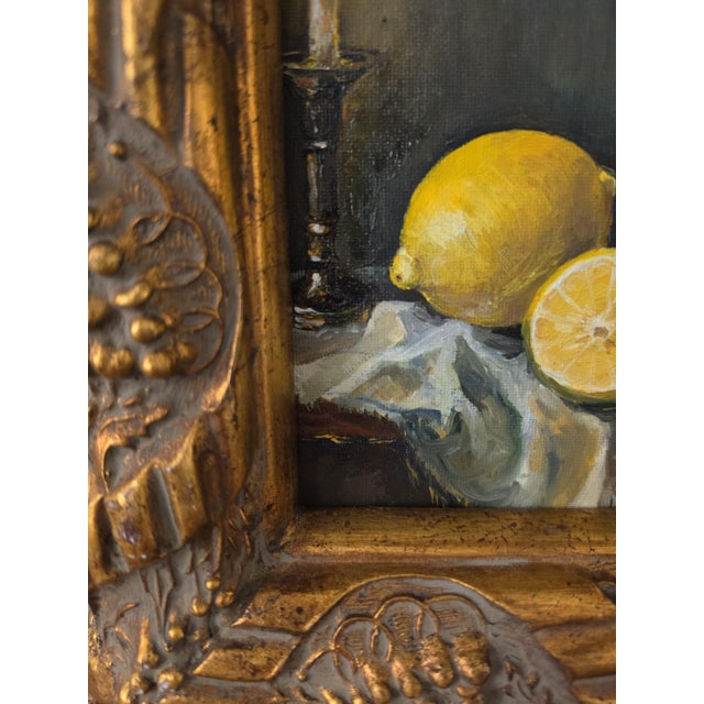 Late 20th Century Gilt Grape Motif Frame With Original Oil Painting, Lemon Still Life Art, Ornate Gold Frame, Cottage Decor For Sale - Image 6 of 13