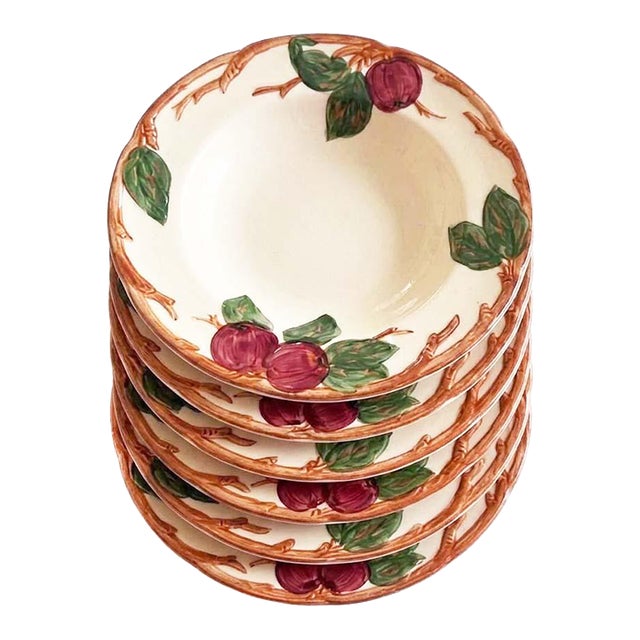 Vintage 1940s Franciscan "Apple" Hand-Decorated Rimmed Soup Bowls - Set of 6 (Gladding, McBean & Co.) For Sale