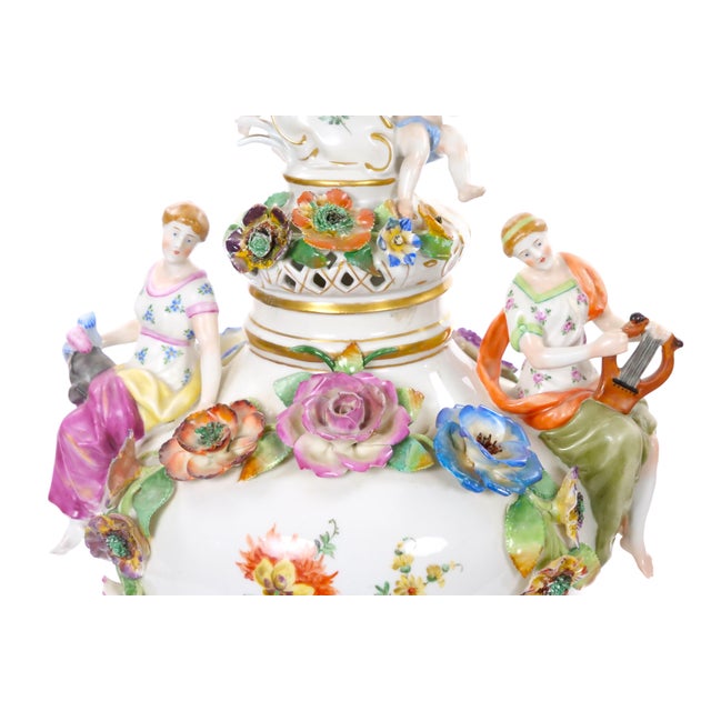 19th Century Meissen Rococo Style Flower-Encrusted Covered Urns From Germany For Sale - Image 9 of 13