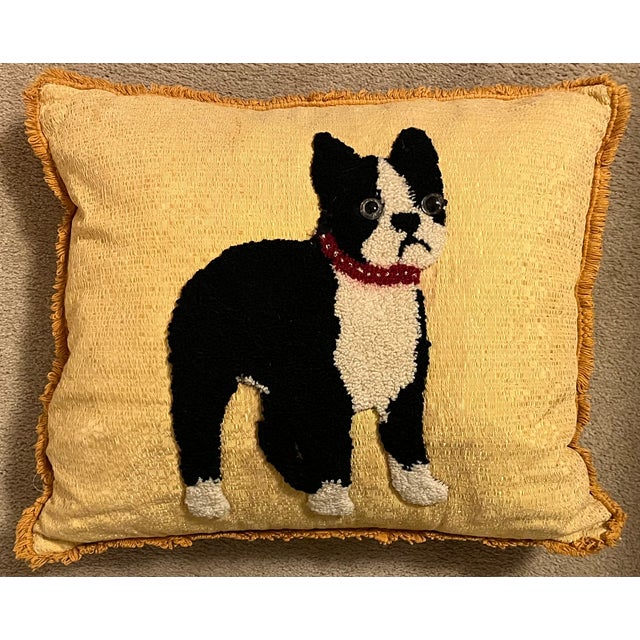1940's stumpwork needlework of a Boston terrier fashioned as a pillow with brush trim. Measures 18" x 15" x 6". The dog...